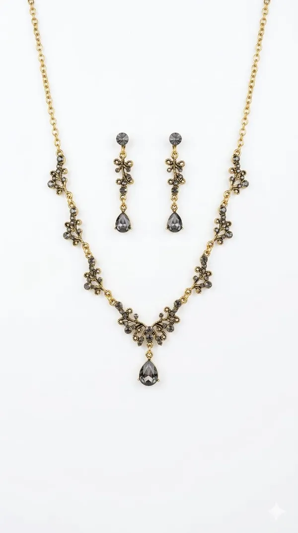 Black_Gold_Metal_Floral_Teardrop_Necklace_Set_For_Women