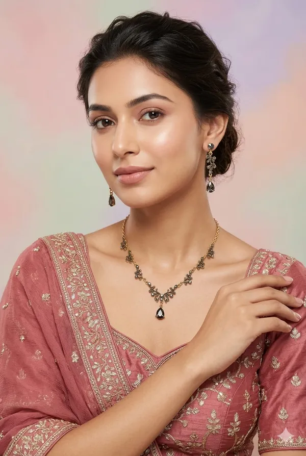 Black_Gold_Metal_Floral_Teardrop_Necklace_Set_For_Women
