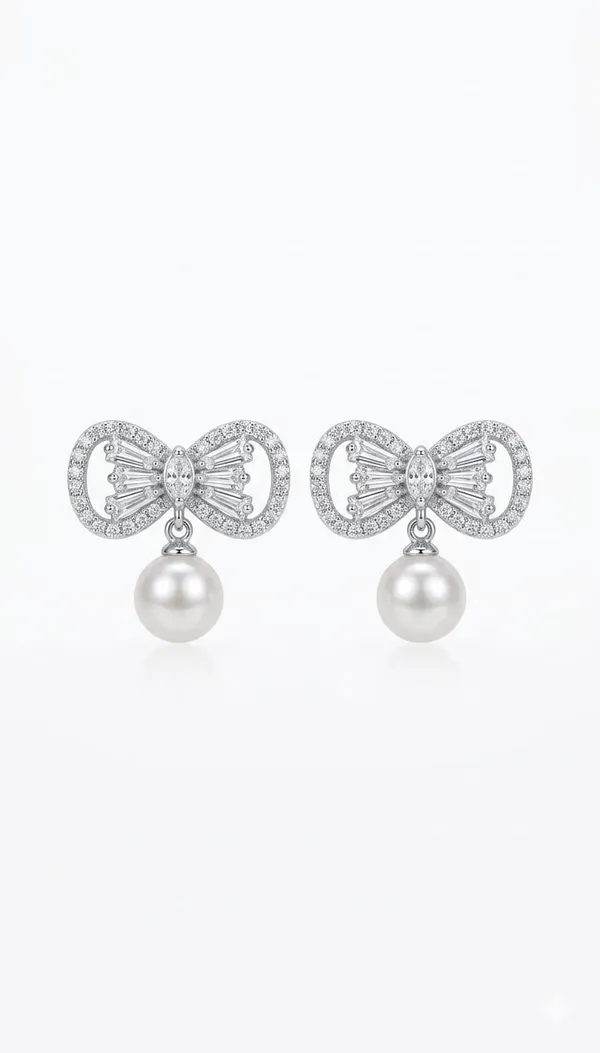 Silver_White_Metal_Bow_Pearl_Drop_Earrings_For_Women