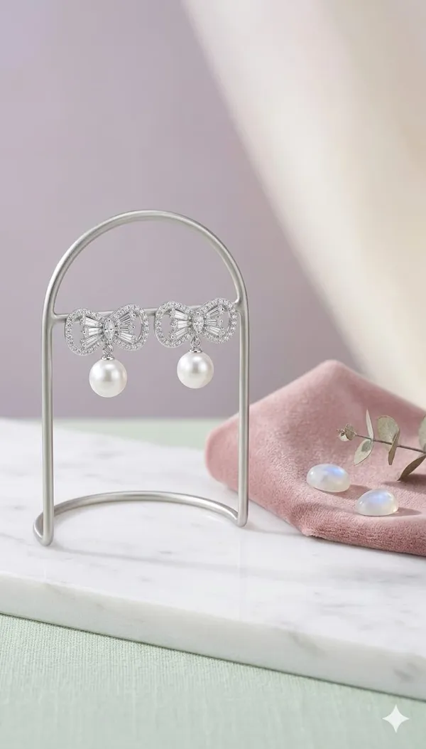 Silver_White_Metal_Bow_Pearl_Drop_Earrings_For_Women