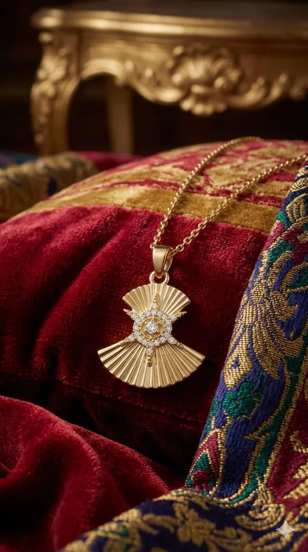Gold_Plated_Metal_Fan_Design_Stone_Pendant_Necklace_For_Women