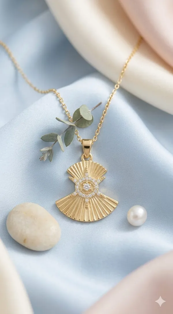 Gold_Plated_Metal_Fan_Design_Stone_Pendant_Necklace_For_Women
