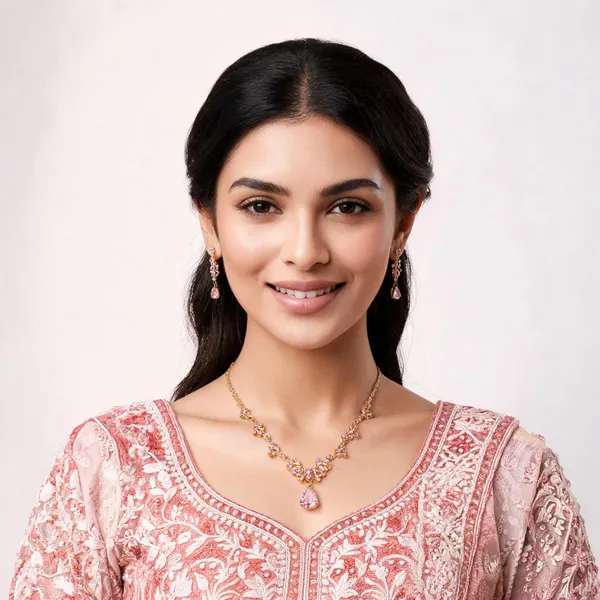 Gold_Pink_Metal_Floral_Teardrop_Necklace_Set_For_Women