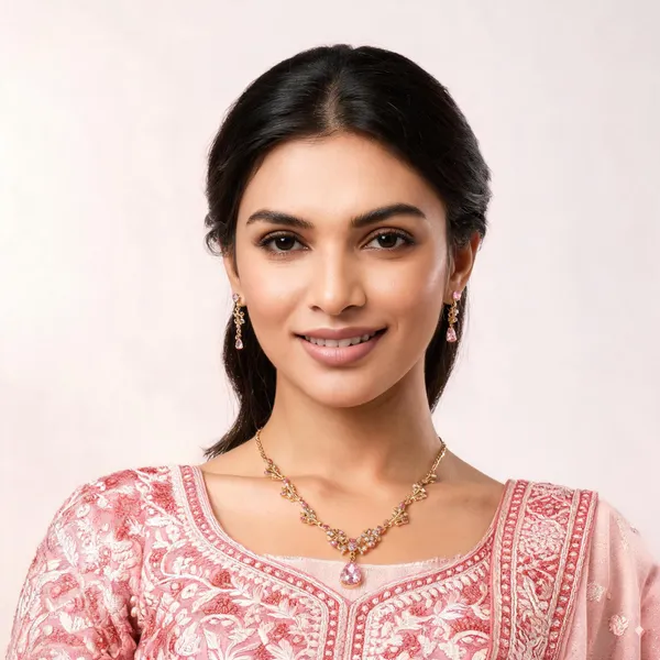 Gold_Pink_Metal_Floral_Teardrop_Necklace_Set_For_Women