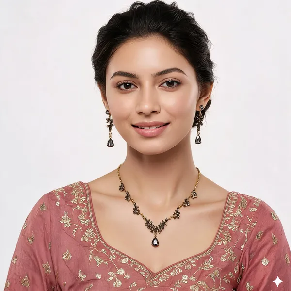 Black_Gold_Metal_Floral_Teardrop_Necklace_Set_For_Women