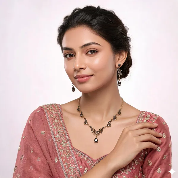 Black_Gold_Metal_Floral_Teardrop_Necklace_Set_For_Women