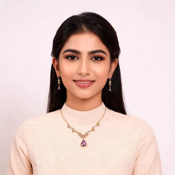 Gold_Lavender_Metal_Floral_Teardrop_Necklace_Set_For_Women