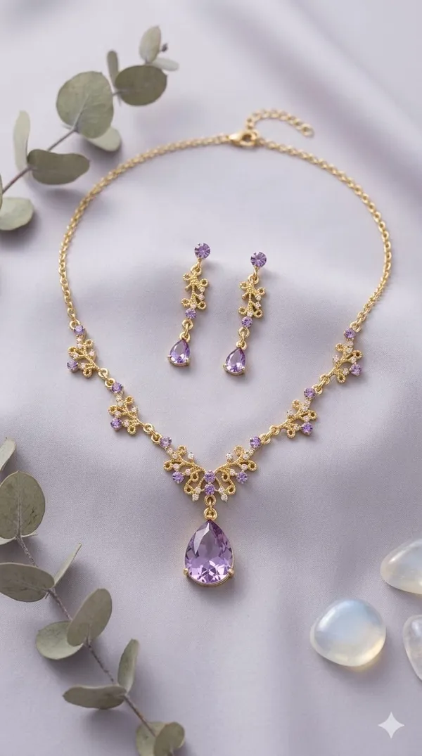 Gold_Lavender_Metal_Floral_Teardrop_Necklace_Set_For_Women