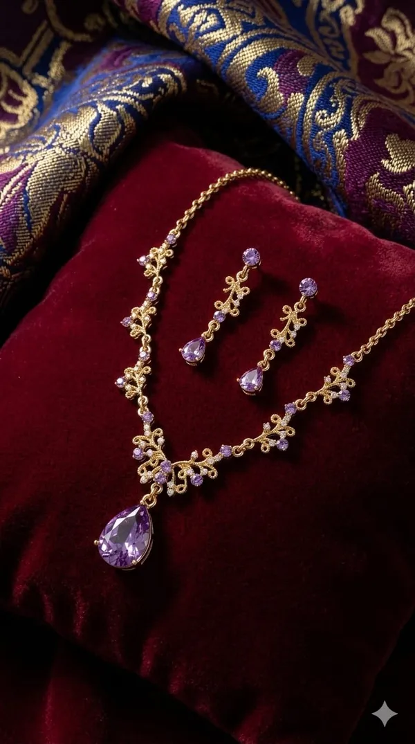 Gold_Lavender_Metal_Floral_Teardrop_Necklace_Set_For_Women