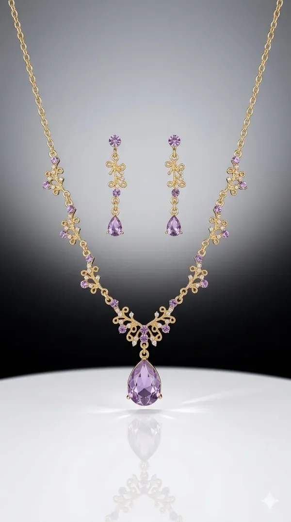 Gold_Lavender_Metal_Floral_Teardrop_Necklace_Set_For_Women