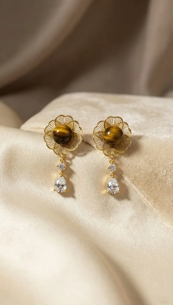 Gold_Metal_Floral_Tiger_Eye_Crystal_Drop_Earrings_For_Women