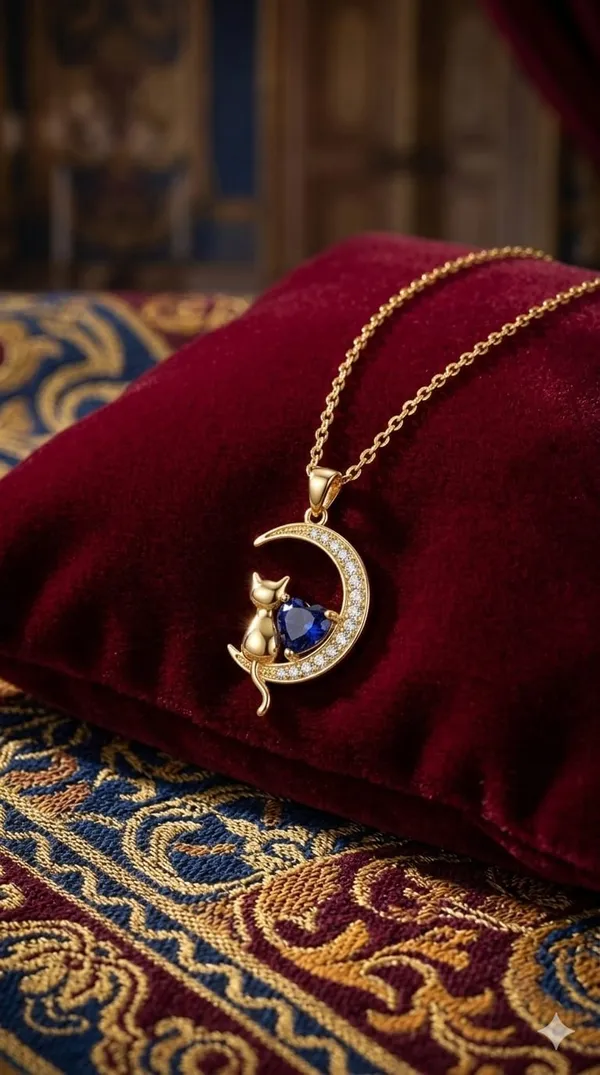 Gold_Blue_Metal_Moon_Cat_Blue_Heart_Crystal_Pendant_Necklace_For_Women