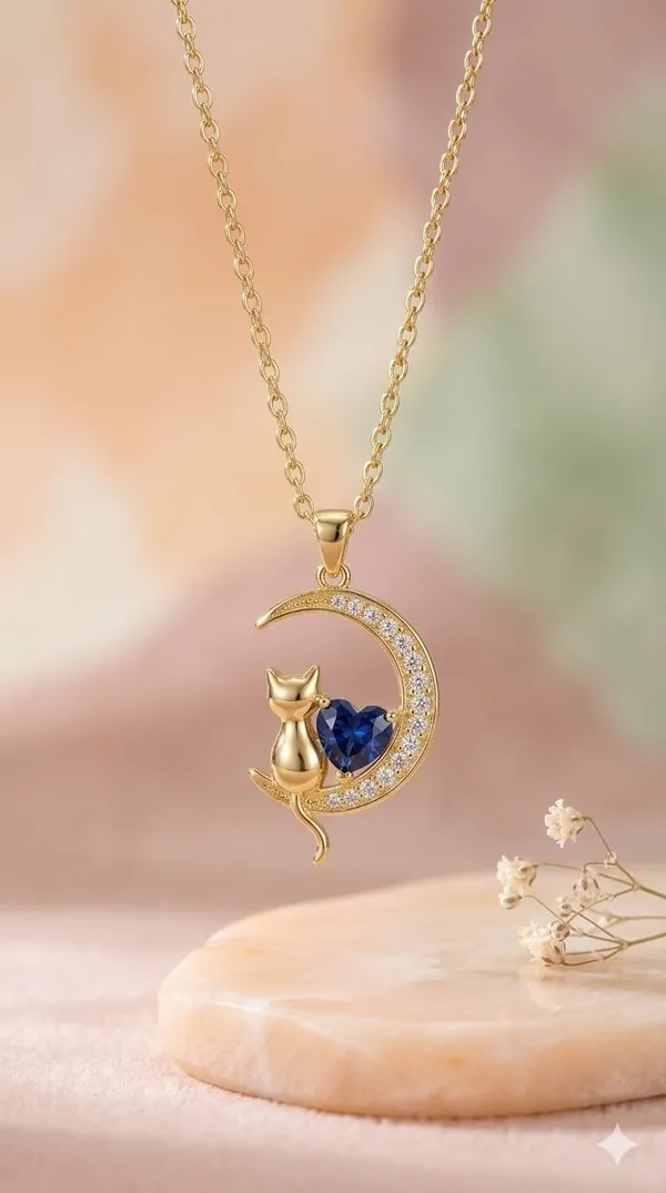 Gold_Blue_Metal_Moon_Cat_Blue_Heart_Crystal_Pendant_Necklace_For_Women