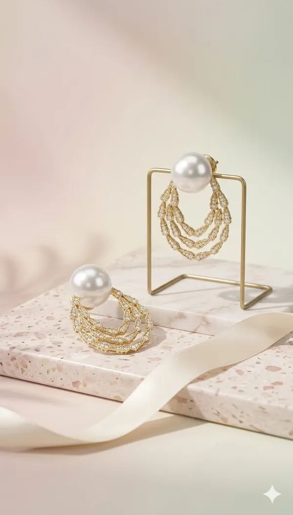 White_Gold_Metal_Pearl_Stud_MultiLayer_Chain_Drop_Earrings_For_Women