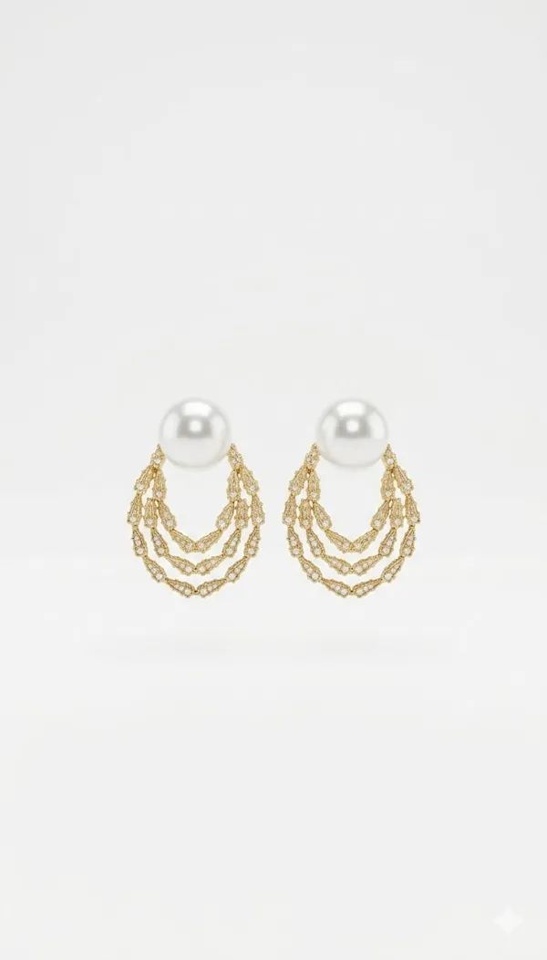 White_Gold_Metal_Pearl_Stud_MultiLayer_Chain_Drop_Earrings_For_Women