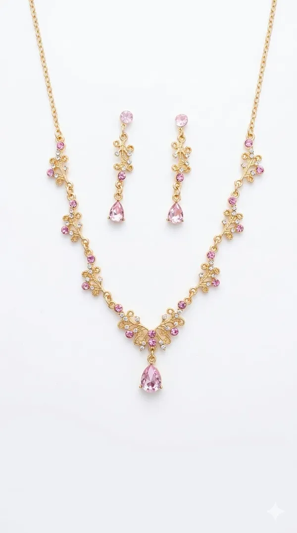 Gold_Pink_Metal_Floral_Teardrop_Necklace_Set_For_Women