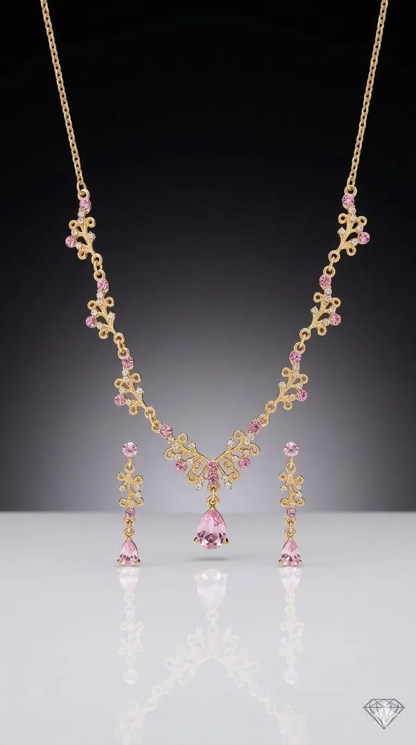 Gold_Pink_Metal_Floral_Teardrop_Necklace_Set_For_Women