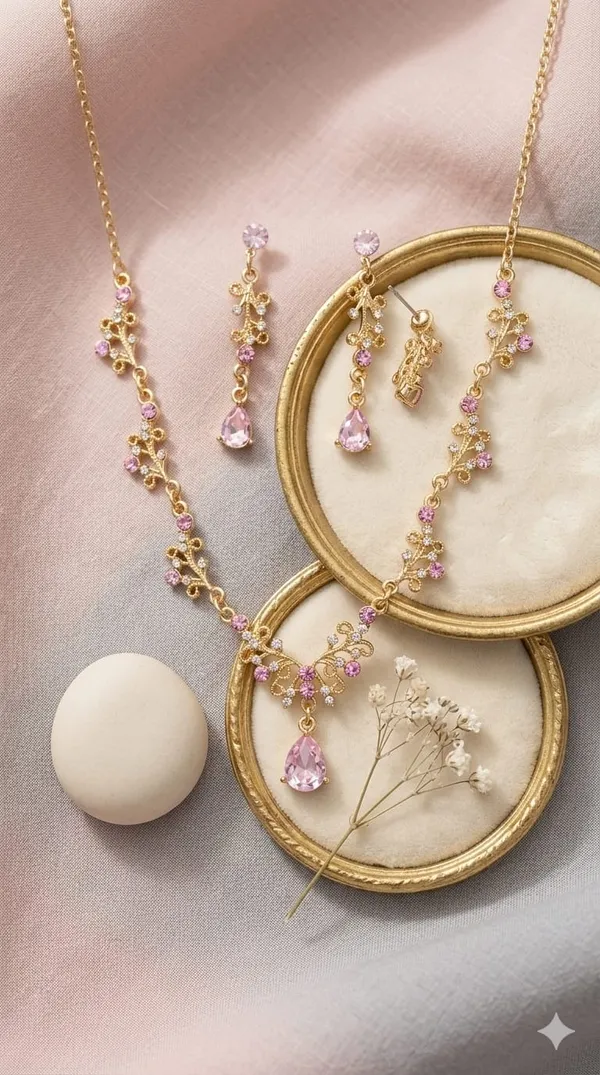 Gold_Pink_Metal_Floral_Teardrop_Necklace_Set_For_Women