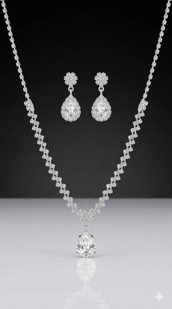 Silver_Metal_American_Diamond_Floral_Teardrop_Necklace_Set_For_Women