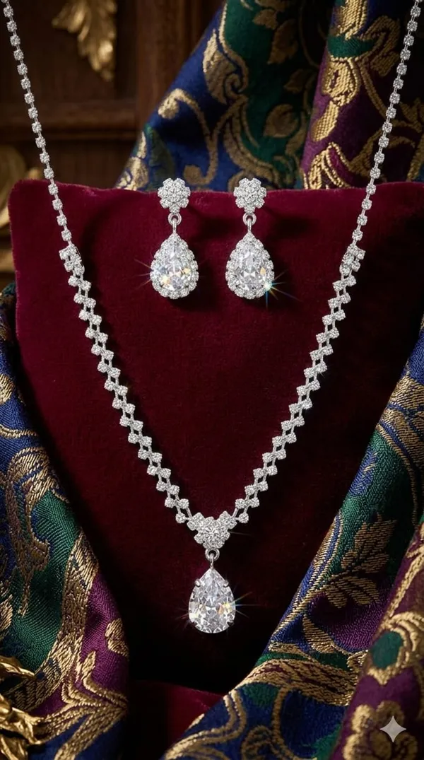 Silver_Metal_American_Diamond_Floral_Teardrop_Necklace_Set_For_Women