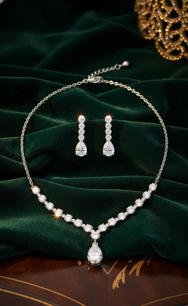 White_Metal_American_Diamond_Teardrop_Necklace_Set_With_Earrings_For_Women