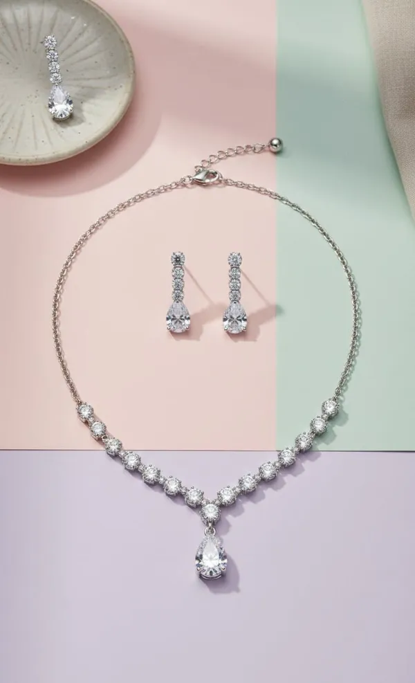 White_Metal_American_Diamond_Teardrop_Necklace_Set_With_Earrings_For_Women