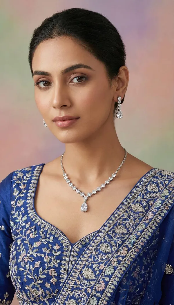 White_Metal_American_Diamond_Teardrop_Necklace_Set_With_Earrings_For_Women