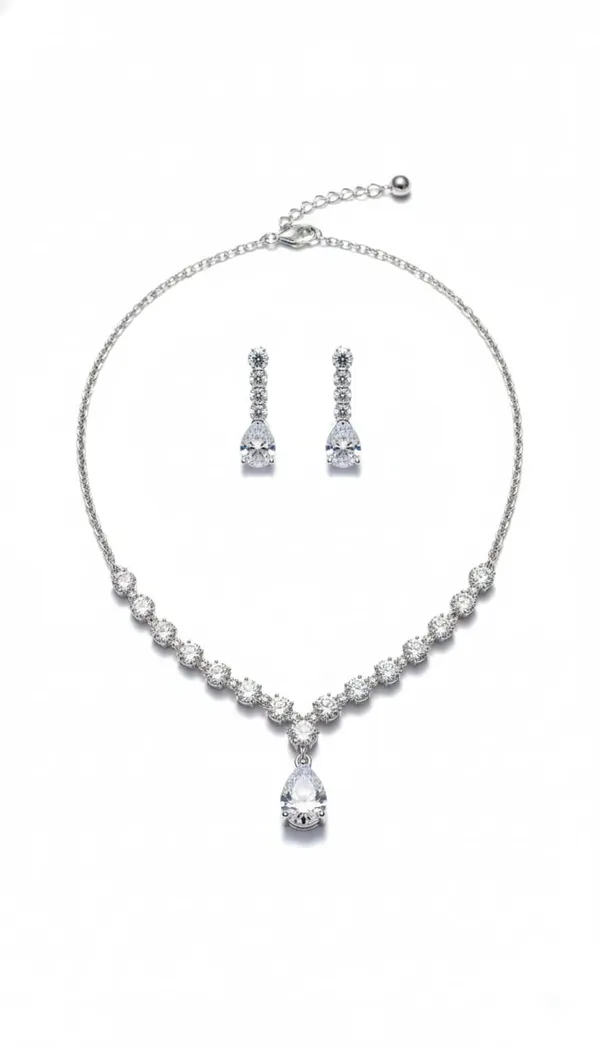 White_Metal_American_Diamond_Teardrop_Necklace_Set_With_Earrings_For_Women