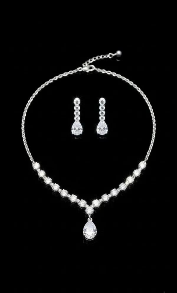 White_Metal_American_Diamond_Teardrop_Necklace_Set_With_Earrings_For_Women