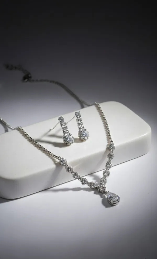 White_Metal_American_Diamond_Teardrop_Necklace_Set_With_Earrings_For_Women