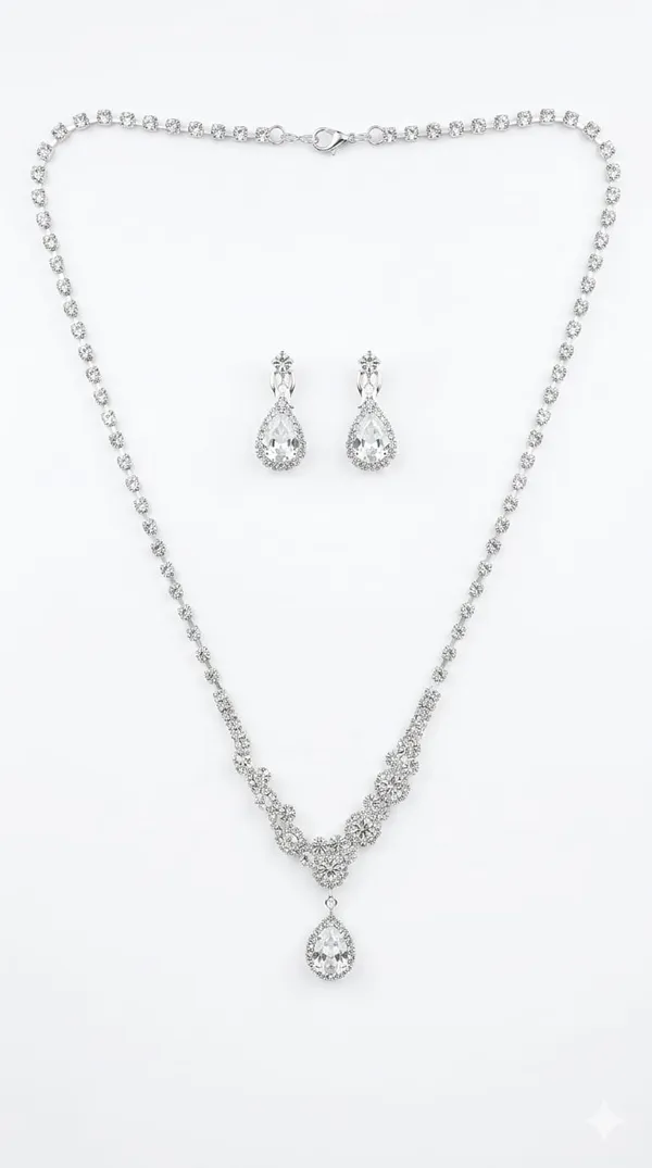 Silver_Metal_American_Diamond_Teardrop_Necklace_Set_For_Women