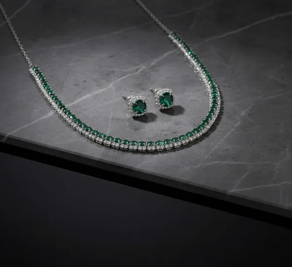Green_Metal_American_Diamond_Tennis_Necklace_Set_With_Studs_For_Women