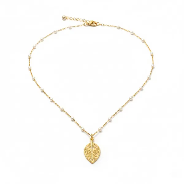 Gold_White_Metal_Pearl_Beaded_Leaf_Pendant_Necklace_For_Women