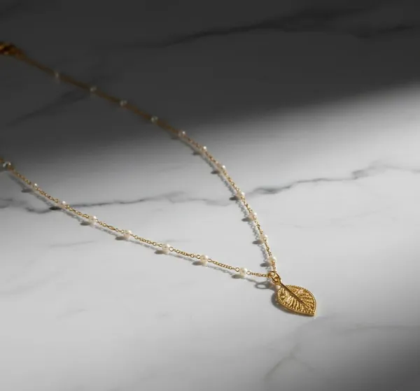 Gold_White_Metal_Pearl_Beaded_Leaf_Pendant_Necklace_For_Women