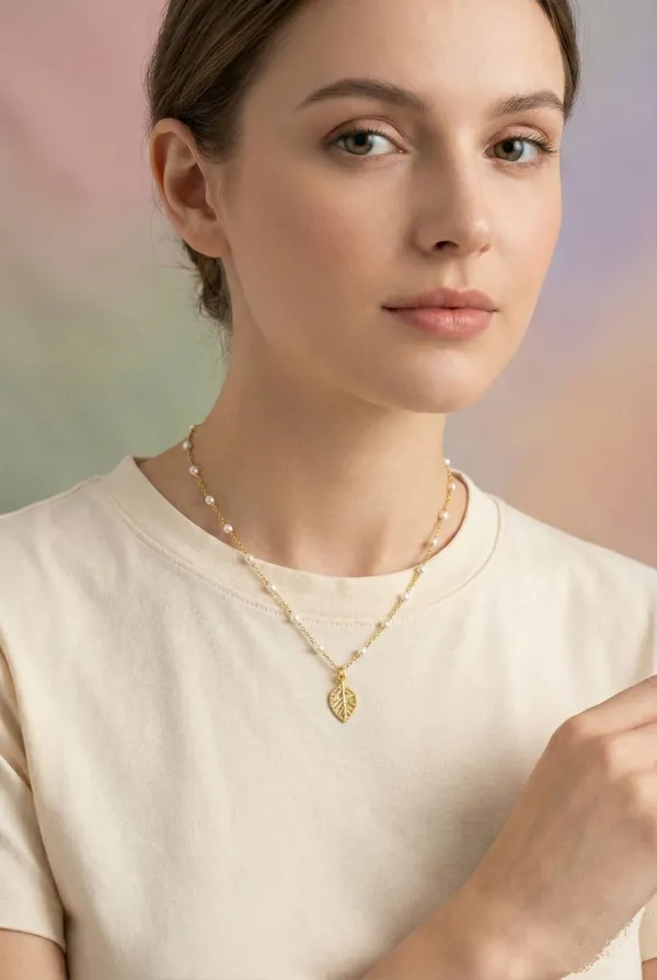 Gold_White_Metal_Pearl_Beaded_Leaf_Pendant_Necklace_For_Women