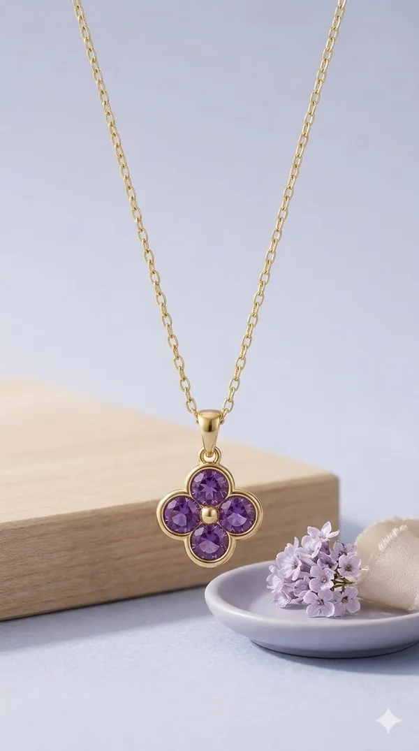 Gold_Purple_Metal_Four_Leaf_Clover_Crystal_Pendant_Necklace_For_Women