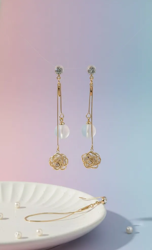 White_Golden_Metal_Rose_Pearl_Drop_Earrings_For_Women