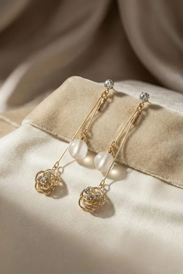 White_Golden_Metal_Rose_Pearl_Drop_Earrings_For_Women