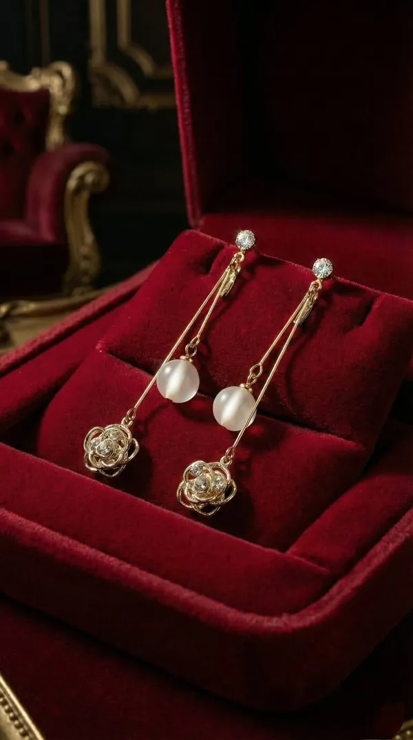 White_Golden_Metal_Rose_Pearl_Drop_Earrings_For_Women