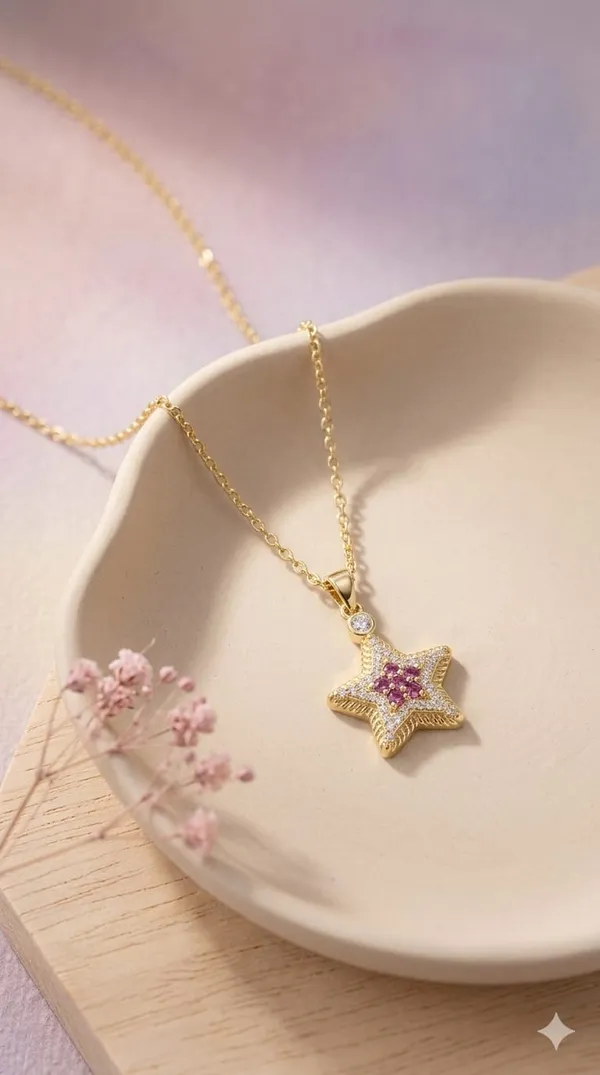 Gold_Pink_Metal_Star_Flower_Crystal_Pendant_Necklace_For_Women__Pack_of_2