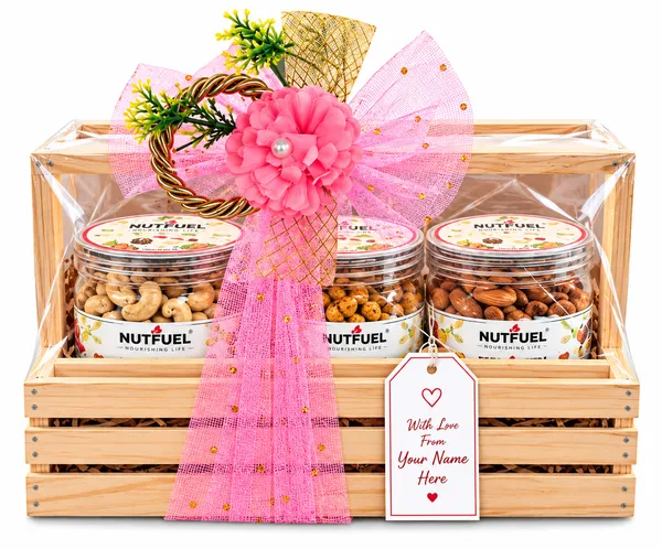 NUTFUEL_Premium_Dry_Fruit_Gift_Hamper_|_3_Jar_Assorted_200_Gm_Peri_Peri_Cashew,_200_Gm_Roasted_Kali_Mirch_Cashew_and_200_Gm_Roasted_Almond|_Premium_Nuts_Gift_Set_|_Beautifully_Packed_Wooden_Gift_Hamper_for_Diwali,_Birthday,_Corporate_&_Festive_Gifting