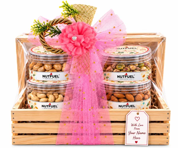 NUTFUEL_Premium_Dry_Fruit_Gift_Hamper_|_4_Jar_Assorted_Roasted_Almond_200_Gm,_Roasted_Cashew_200Gm,_Roatsed_Makhana_75_Gm_and_Roasted_Pistaschio_200Gm_|_Premium_Nuts_Gift_Set_|_Beautifully_Packed_Gift_Hamper_for_Diwali,_Birthday,_Corporate_&_Festive_Gifting