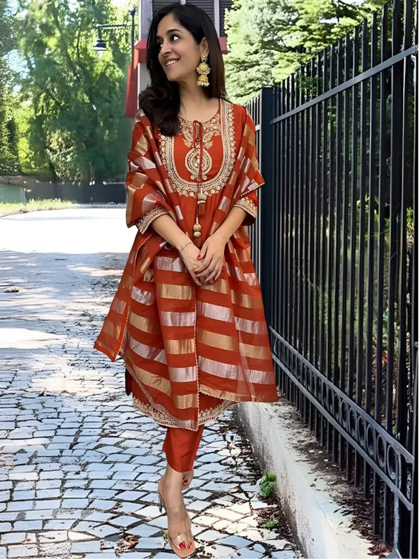 Rust_Orange_Premium_And_Fancy_Design_Chanderi_Kurti_Set_For_Women