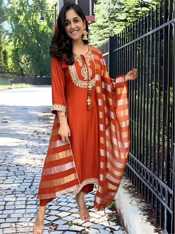 Rust_Orange_Premium_And_Fancy_Design_Chanderi_Kurti_Set_For_Women
