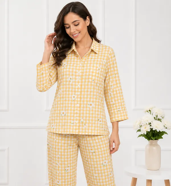 Yellow_Gingham_Floral_Shirt_And_Shorts_Set_For_Women