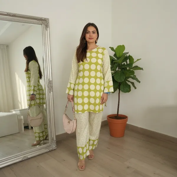 Lime_Green_Rayon_Relaxed_Polka_Dot_Kurta_Set_For_Women