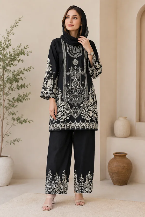 Black_Rayon_Printed_Kurta_Set_For_Women