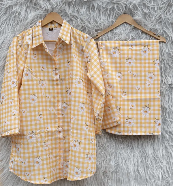 Yellow_Gingham_Floral_Shirt_And_Shorts_Set_For_Women