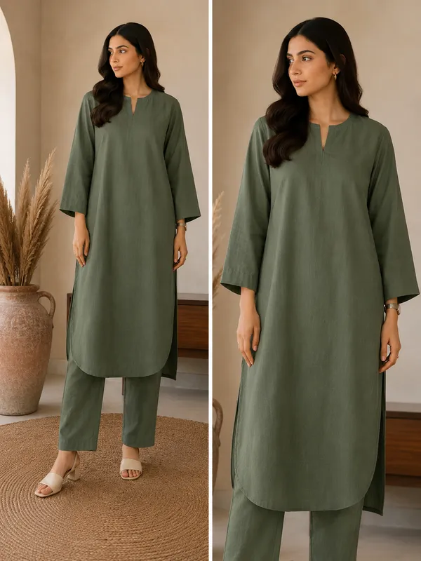 green_linen_Straight__Kurta_Set_For_Women