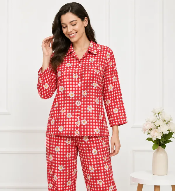 Red_Floral_Print_Shirt_And_Shorts_Set_For_Women